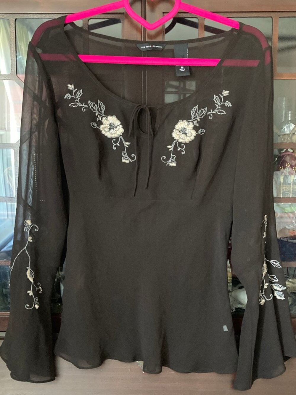Vintage Y2K New York & Company Sheer Embroidered Long-Sleeve Blouse